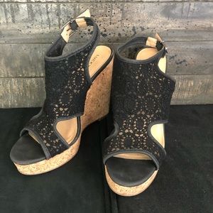 LUCKY Brand Ranette black crochet lace cork wedge